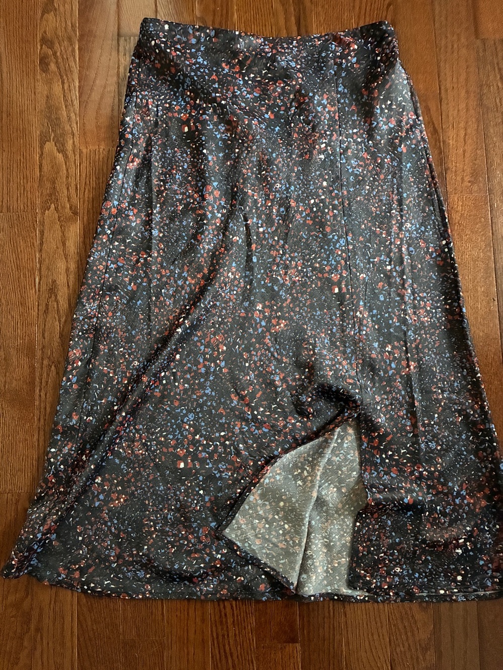 Satin Midi Skirt Abstract Confetti Print Front Slit Size S